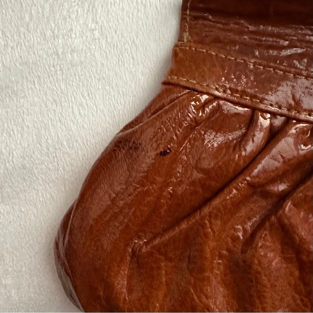 Lauren Merkin Caramel Cognac Brown Clutch Purse Envelope Closure Shiny Chic